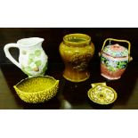 A mixed lot to include a brown glazed snuff jar, a Maling hexagonal thumb print biscuit barrel and
