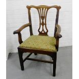 A mahogany open armchair, the shaped toprail above vertical splat back, with upholstered seat, 92