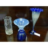 A mixed lot of art glass to include a Mtarfa iridescent glass vase, together with a blue frilled rim