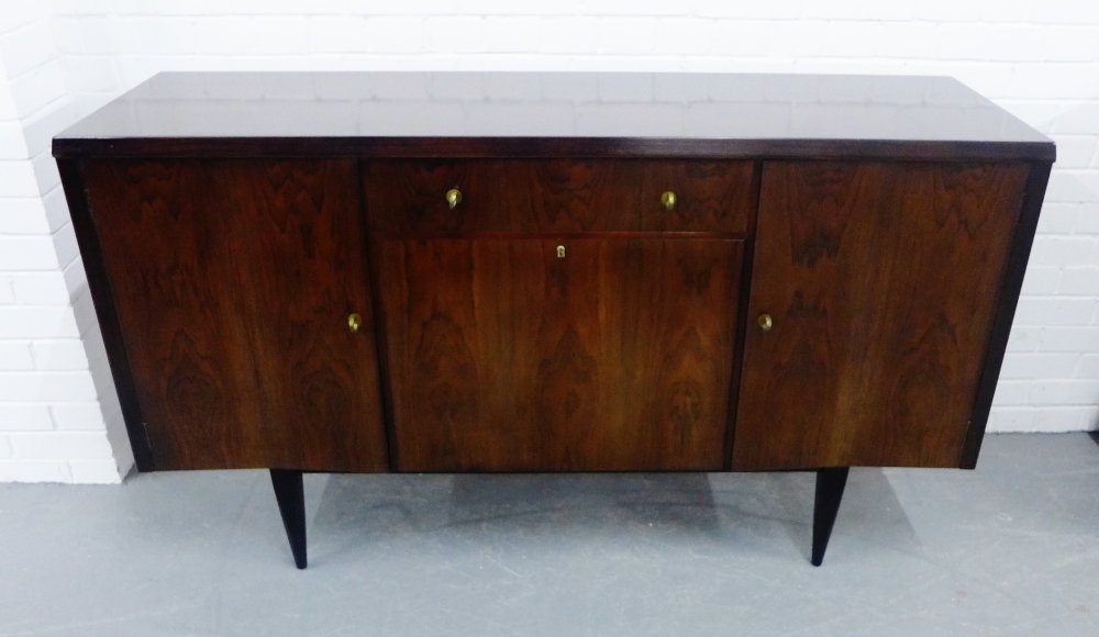 A retro sideboard with a drop leaf single drinks compartment, flanked by two side cupboards, 90 x