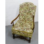 A walnut framed and floral upholstered open armchair, 102 x 66cm