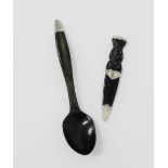 White metal mounted miniature dummy Skean Dhu together with a horn spoon with white metal engraved