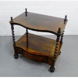A 19th century rosewood two tier etagere, with a serpentine top and drawer to the base, on barley