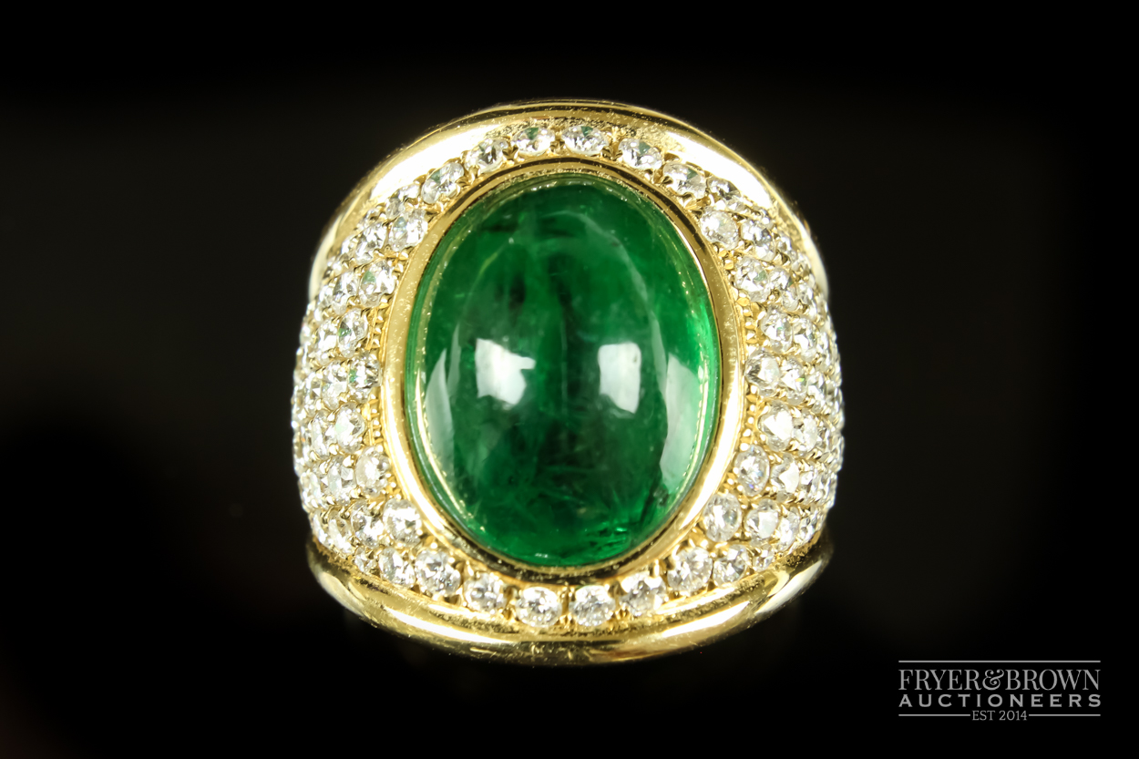 Kiki McDonough - a fine and impressive cabochon emerald and diamond ring, the oval shaped - Image 2 of 5