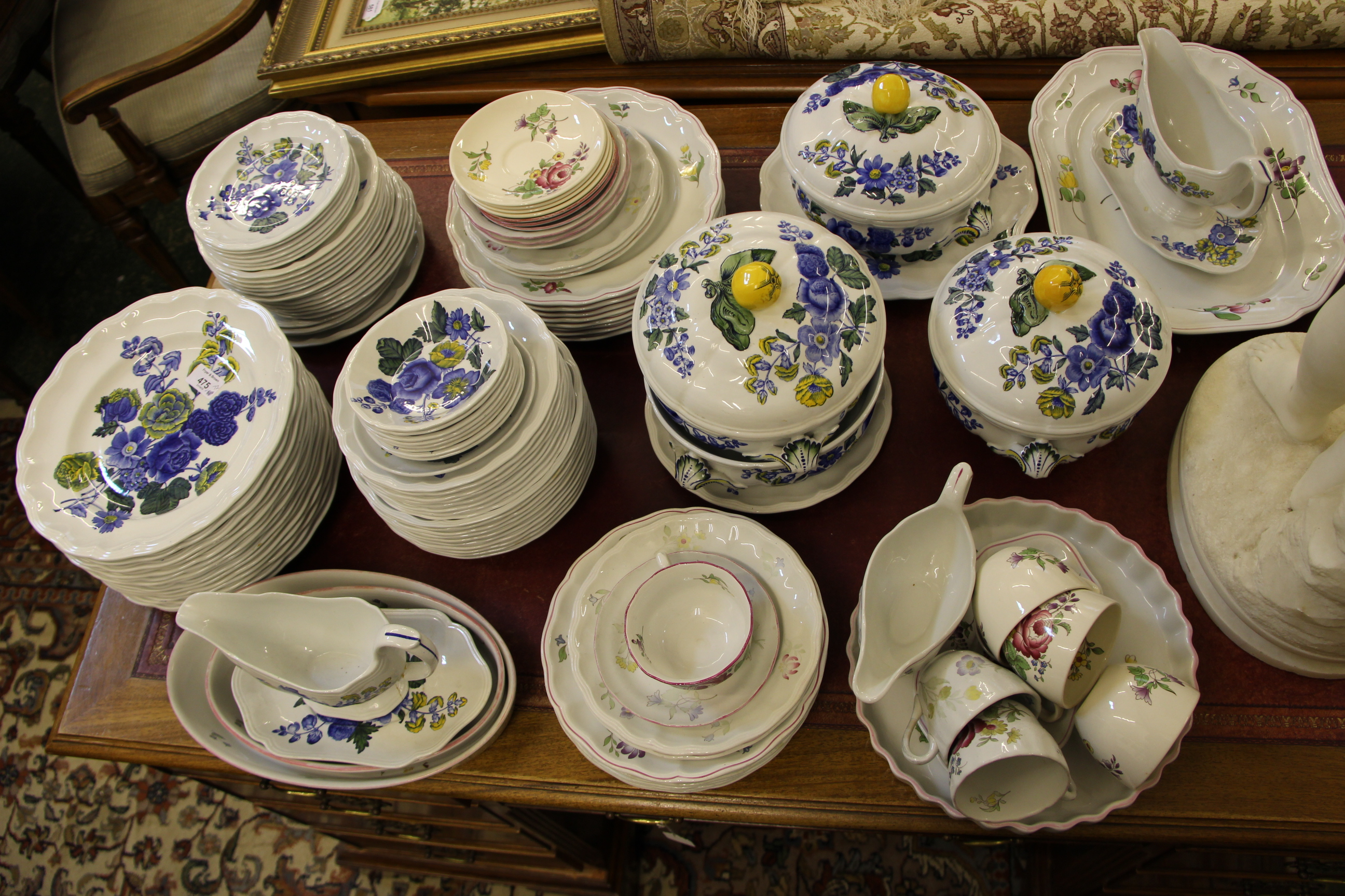 A Spode 'Blue Flowers' part dinner service, comprising gravy boat with integral stand, a gravy