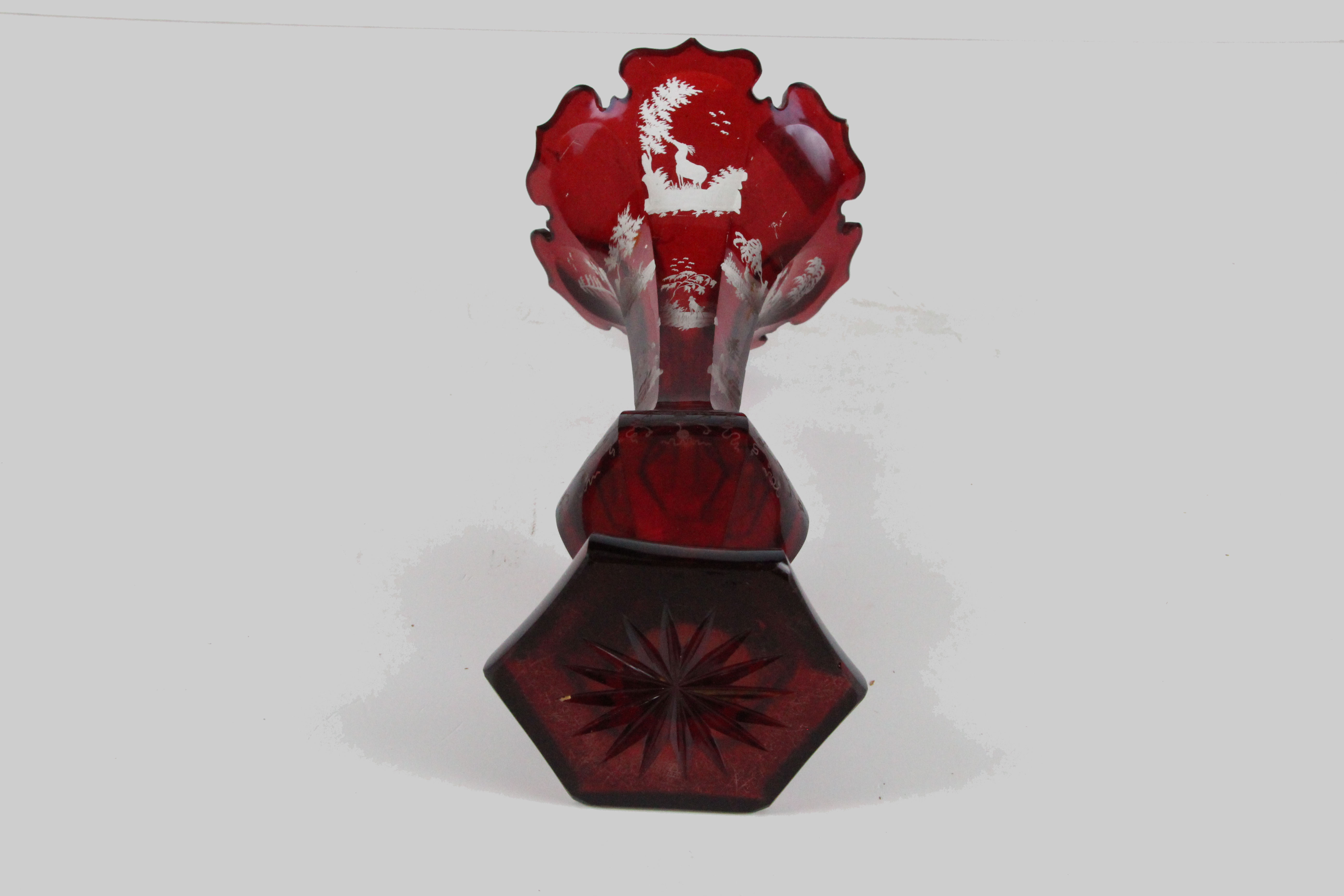 A Bohemian ruby flash glass trumpet vase cut through to clear with stags and trees, 26.5cm high - Image 2 of 2