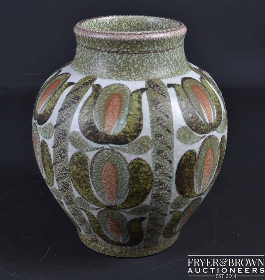 Glynn Colledge for Denby - A stoneware vase painted with stylised leaf motifs, facsimile signature