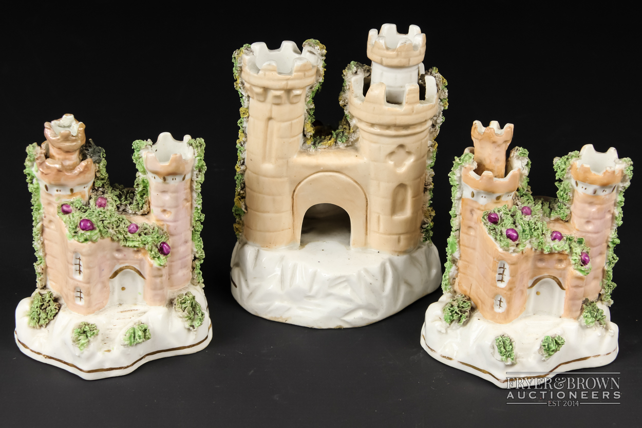 Three Staffordshire porcelain pastille burners in the form of castles, applied mosswork, 12.5cm high - Image 2 of 2