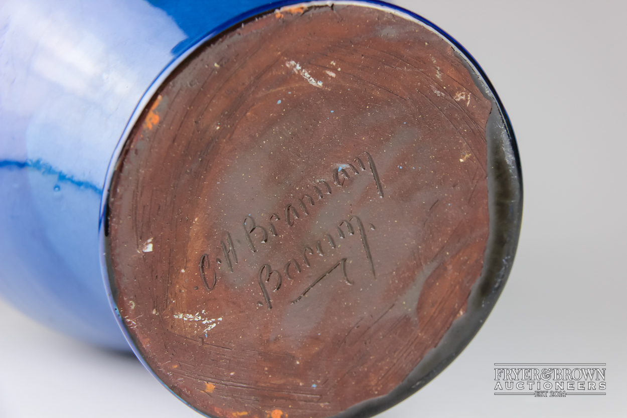 A C.H Brannam pottery vase, squat baluster form, incised with monogramme AWC within a beaded reserve - Image 4 of 4