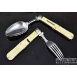 Folding campaign cutlery, comprises silver plated fork and spoon with ivory mounted handles,