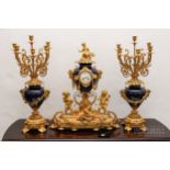 An impressive and large antique clock garniture c1870 by Demuer Du Roi, the ormolu and blue glazed