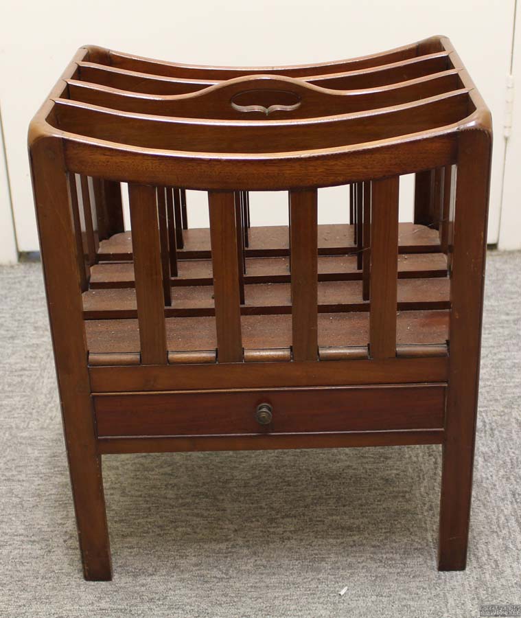 A small size mahogany Canterbury, four section with drawer beneath on square section legs, 51 x 42cm