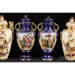 Two pairs of pottery vases and covers, c1900, decorated with haymakers and birds in branches,