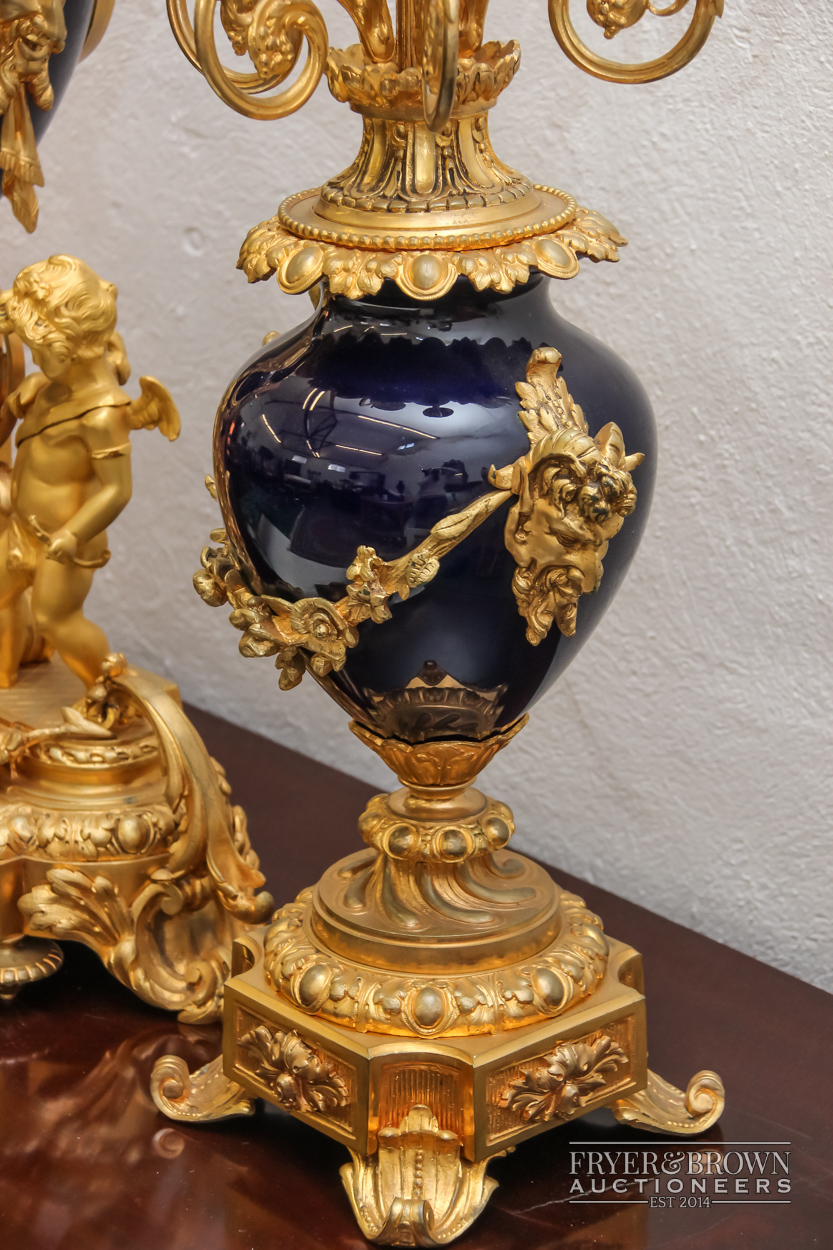 An impressive and large antique clock garniture c1870 by Demuer Du Roi, the ormolu and blue glazed - Image 4 of 10