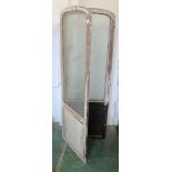 A distressed French painted four fold screen, a single square panel under arched top glazing to each