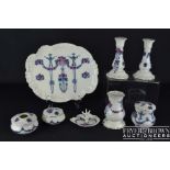 An eleven piece Art Nouveau Losolware Kensington pattern table set, including two candlesticks, ring