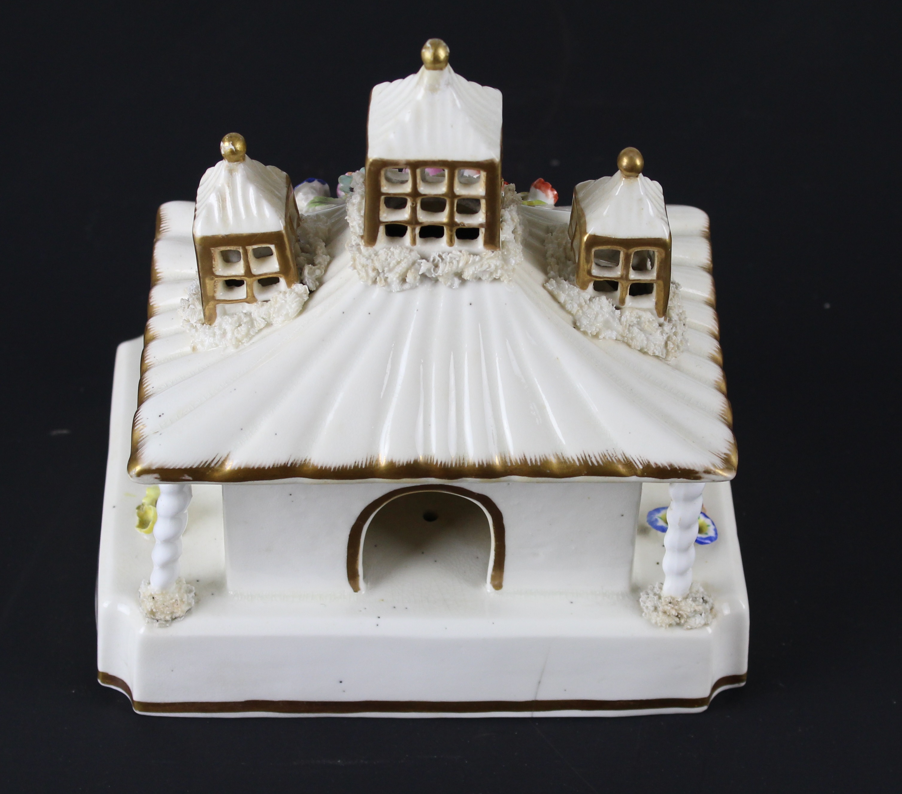 A large English porcelain pagoda type pastille burner, the turreted house with overhanging roof - Image 3 of 3