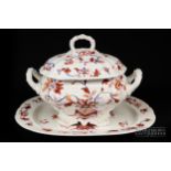 An English porcelain tureen cover and meat plate/stand, probably by HR Daniel, printed in puce and