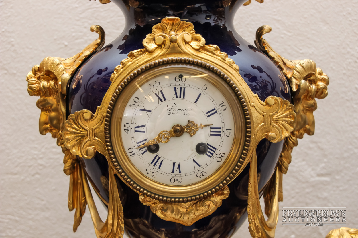 An impressive and large antique clock garniture c1870 by Demuer Du Roi, the ormolu and blue glazed - Image 6 of 10