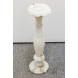 An alabaster plant stand, lotus bud stem with leaf decorated top and base, 70cm high approx