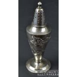 A Chinese silver vase form pepperette, cast with a dragon, stamped SILVER and C.J & Co, 13cm high,