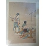A Chinese woodblock print of two female silk weavers, red seal mar, 20 x 30cm; a photographic