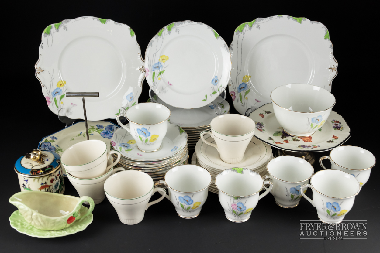 A Foley bone china Art Deco part tea service of poppy pattern, no.v327, printed and hand painted