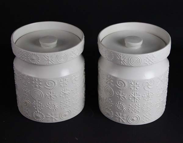 Susan Williams - Ellis for Portmerion Pottery, two Totem series large storage jars in the white,