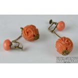 A pair of coral and faux coral pendant earrings, c1930