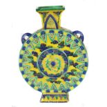 A Chinese pottery moonflask, moulded in high relief with dragons in clouds, bright blue yellow and