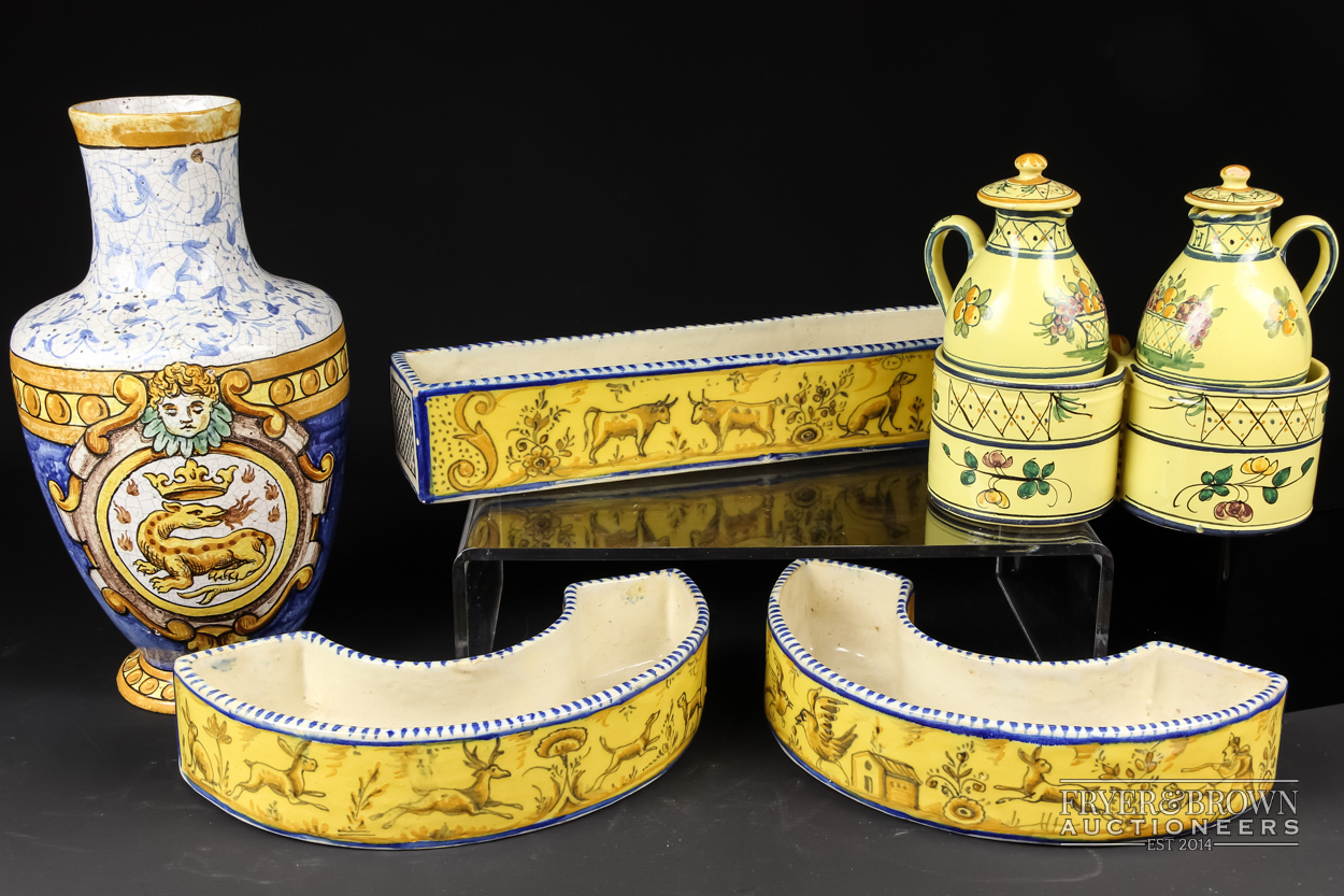 Three Continental majolica flower bricks, probably Portuguese, two demi-lune and one of