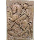 A 19thC carved marble relief panel, the Sienna type marble deeply carved with George slaying a