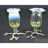 A pair of unusual straw opal glass/bud vases, probably Stuart, green/yellow colouration, fitting