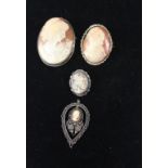 Three vintage carved shell cameo brooches, c1950; and a shell cameo pendant mounted in silver