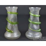 A pair of Loetz glass snake vases, the bark effect body of dimpled spreading cylindrical form