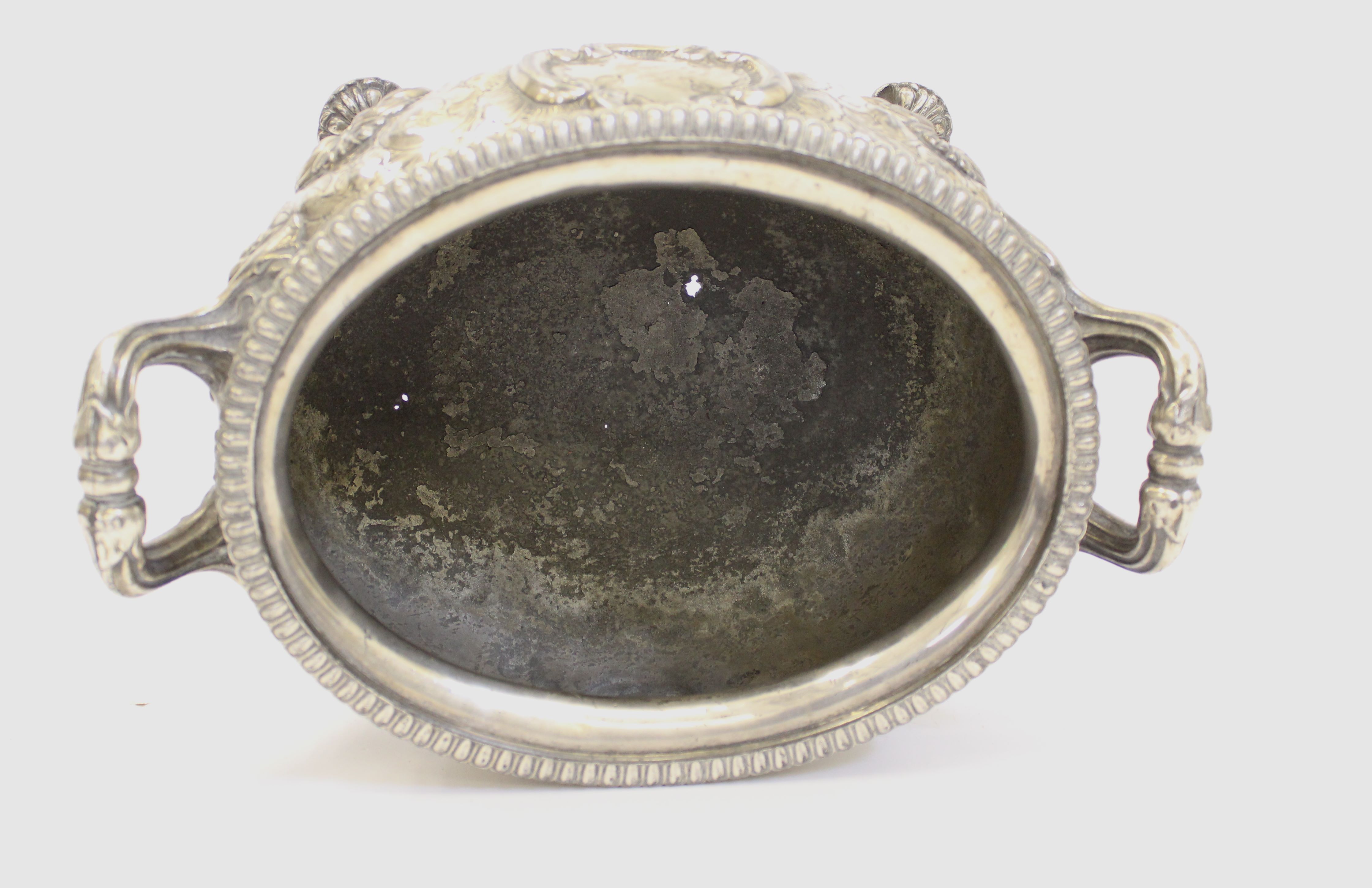 A silver plated oval footed jardinière or tureen, on four paw feet with high loop handles - Image 3 of 4