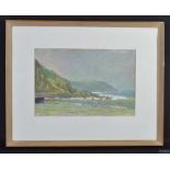 John Powell - Seashore and Headland Port Hallow, Cornwall, pastel on paper, paper label verso dating