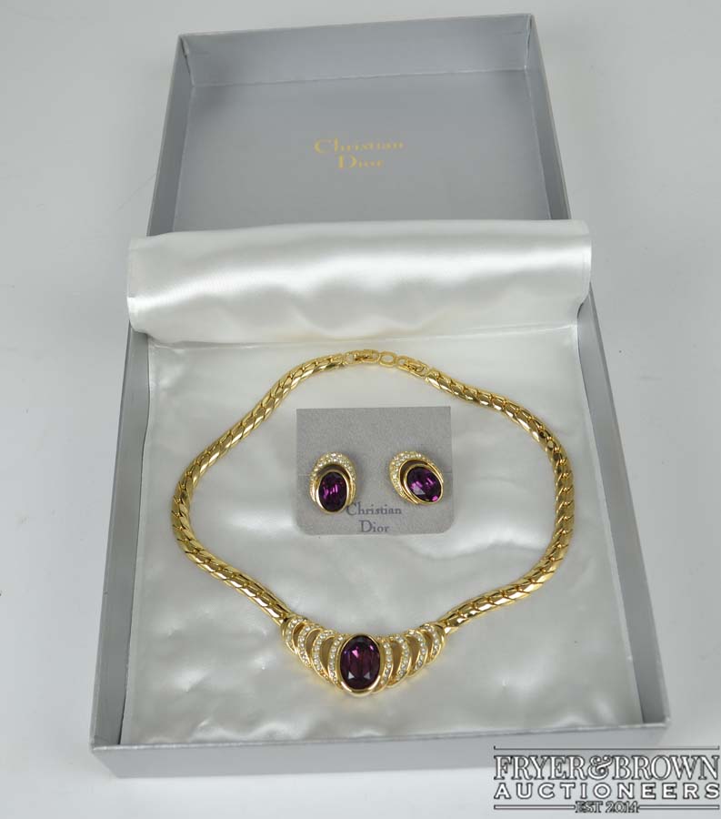 Christian Dior Bijoux Costume jewellery, A gilt metal and Amethyst glass necklace and matching