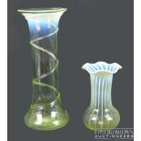 Two straw opal glass vases, probably Powell, one cylindrical with flared rim on spreading foot