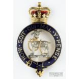 Garrard & Company, c1950, a fine Royal Warwickshire regimental brooch, 18ct gold champleve enamel