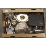 A quantity of silver and silver plate includes two silver gentleman's cased hairbrushes; plated