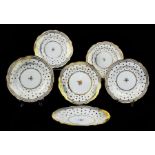 Six Caughley Porcelain dessert plates c.1785, of gently barbed rims, richly gilded with flowers