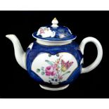 A Christians Liverpool porcelain teapot c1770-1775, of wet blue ground about fan and mirror shaped