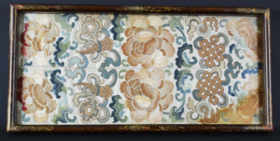 Two Chinese embroidered silk sleeve bands, of peonies and knot work, in a European chinoiserie