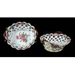 A pair of Worcester porcelain polychrome painted two handle baskets, c1770, oval with openwork