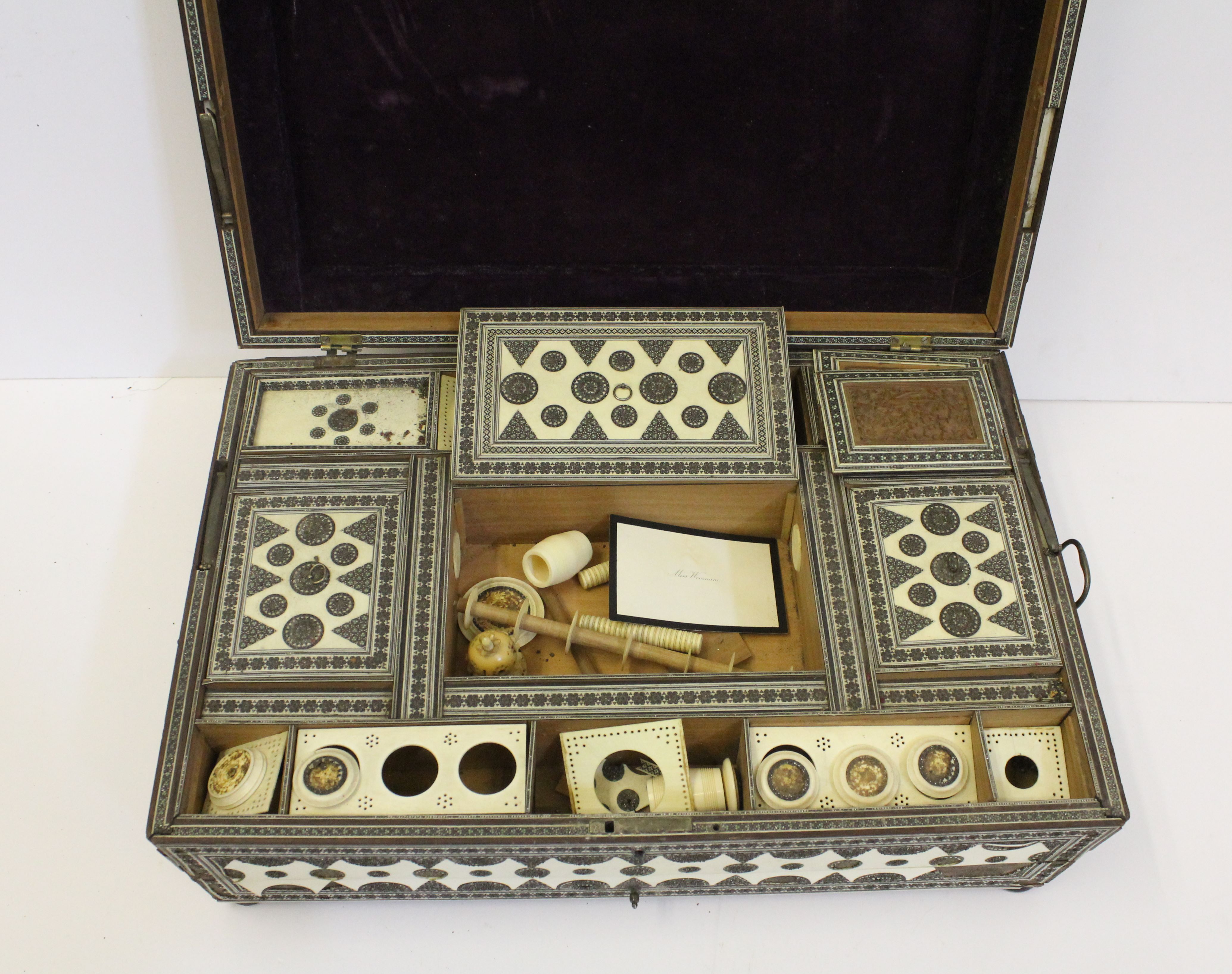 An Anglo Indian Sadeli-ware workbox with velvet lined work tray, includes some sewing requisites, - Image 2 of 9