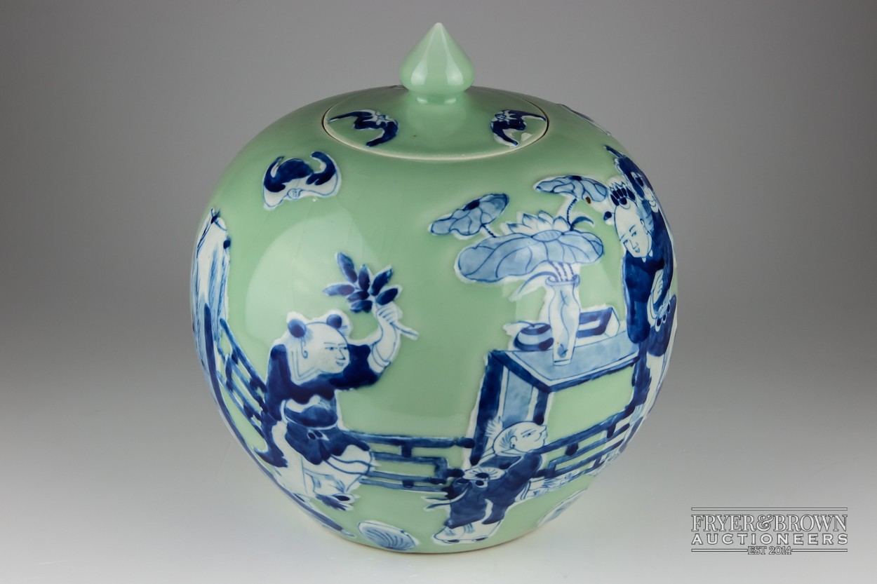 A Chinese porcelain celadon ground blue and white jar and cover, globular decorated with figures, - Image 3 of 5