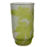 A Galle cameo glass vase, cylindrical on tapered base, pale green cut through to frosted with