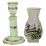 A Bohemian opaline glass candlestick, pale green colour, enamelled with floral garlands; and a