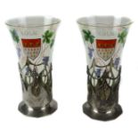 A pair of Orivit pewter mounted Art Nouveau toasting glasses, the glass enamelled with fruiting vine